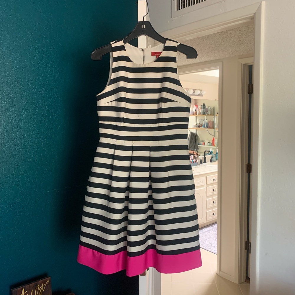B&W striped dress with magenta accent